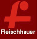 Logo mit einem roten "f" und Punkt auf dunkelrotem Hintergrund, darunter steht "Fleischhauer".