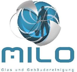 Logo mit Schriftzug: "Milo Glas und Gebäudereinigung", Mensch reinigt Glas in blauem Kreis.