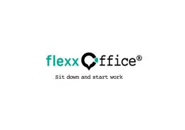 Logo mit Text "flexxOffice" und Slogan "Sit down and start work" auf weißem Hintergrund.