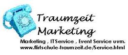 Blaues Telefon mit „Traumzeit Marketing“, Text zu IT- und Eventservice, URL: flugschule-traumzeit.de.