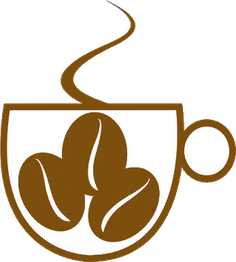 Tasse mit Kaffeebohnen-Symbol, stilisierte Darstellung, braun und weiß.