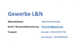Visitenkarte von Gewerbe L&N mit Kontaktinformationen für verschiedene Dienstleistungen.