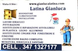 Biglietto da visita di Latina Gianluca con servizi edili, idraulici e contatti telefonici.