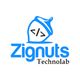 Blue acorn logo with code symbol, text "Zignuts Technolab" beneath.