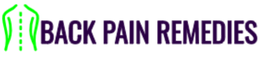 Silhouette of a green spine next to the text "BACK PAIN REMEDIES" in purple.