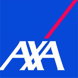 Blaues AXA-Logo mit weißen Buchstaben und diagonaler roter Linie oben rechts.
