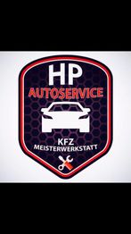 Logo von HP Autoservice, KFZ Meisterwerkstatt, mit Auto und Werkzeugsymbol auf Wabenmuster.