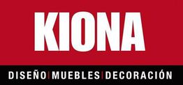Texto "KIONA" en fondo rojo, abajo palabras: "DISEÑO MUEBLES DECORACIÓN" en fondo negro.