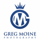 Logo with a stylized blue "GM" beneath a crown, text: "Greg Moine Photography".