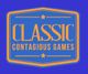 Classic Contagious Games logo with orange text on blue background, stars, and a decorative frame.