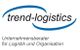 Logo von "trend-logistics", Unternehmensberater für Logistik und Organisation, mit blauen Kurven.
