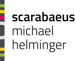 Grafik mit Text: "scarabaeus michael helminger", links bunte Linien auf grauem Hintergrund.