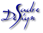 Schriftzug "Sadre Design" in blauer, künstlerischer Schrift auf weißem Hintergrund.