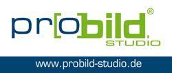 Logo von "probild STUDI0" in Blau und Grün. Unten steht die Website: www.probild-studio.de.