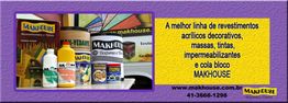 Produtos MakHouse com tintas e revestimentos; texto promocional ao lado.