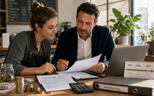 Arbeitgeber und Arbeitnehmerin prüfen gemeinsam Lohnabrechnung und Arbeitsvertrag mit Blick auf die Mindestlohn-Entwicklung bis 2027.