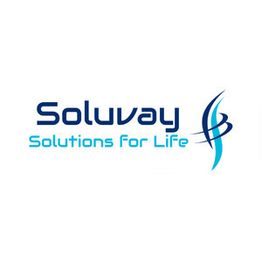 Logo with "Soluvay Solutions for Life" and abstract blue design on the right side.