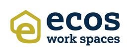 Logo mit gelbem Haus und blauem Text: "ecos work spaces".