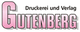 Logo mit rosa Text "Gutenberg", darüber "Druckerei und Verlag" in Schwarz.