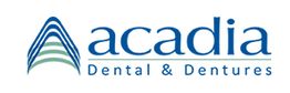 Acadia Dental & Dentures logo with stylized A design.