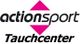 Logo mit Text: "actionsport Tauchcenter", pinkes Dreieck in der Mitte.