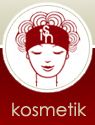 Abstrakte Grafik eines Gesichts mit roten Haaren und rotem Stirnband, darunter steht "Kosmetik".