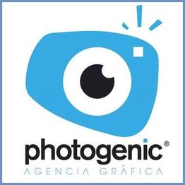 Logo de "Photogenic Agencia Gráfica" con un ojo azul y detalles geométricos.
