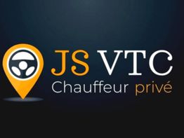 Logo de JS VTC avec volant et texte "Chauffeur privé" sur fond sombre.