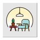 Illustration of a cozy room with a chair, table, plant, and hanging lamp in warm lighting.