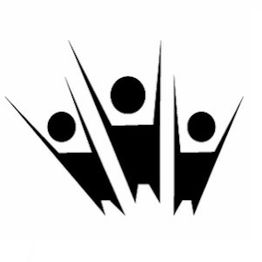 Abstract logo of three stylized figures with raised arms in black and white.
