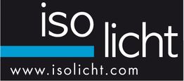 Schwarz-weißes Logo mit blauem Element, Text: "isolicht", Webseite: www.isolicht.com.