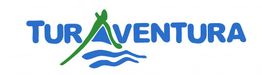 El logo de "Turaventura" con una figura verde de kayak y olas azules debajo.