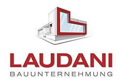 Logo von Laudani Bauunternehmung mit stilisiertem Gebäude in Rot und Grau.
