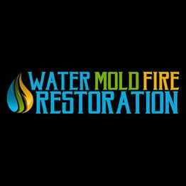 "Water Mold Fire Restoration logo with a blue-green-yellow flame on a black background."
