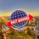 "Globe with red arrow logo over cityscape, text: 'Best Movers'."
