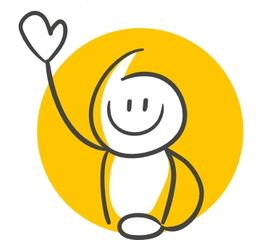 Strichmännchen mit Herzform als Hand vor gelbem Kreis, lächelt und winkt.