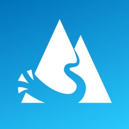 Logotipo blanco de picos montañosos y un río sobre fondo azul.