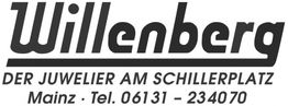 „Willenberg Juwelier am Schillerplatz, Mainz, Tel. 06131-234070“ in schwarzer Schrift.