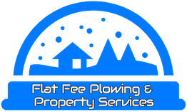 Logo with house, trees, and snow, labeled "Flat Fee Plowing & Property Services" in blue.