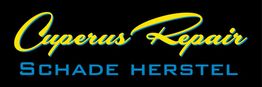"Logo met de tekst 'Cuperus Repair, Schade herstel' in gele en blauwe letters op zwarte achtergrond."