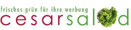 Textlogo "cesarsalad" mit Salatkopf als Buchstabe "o", Slogan oben: "frisches grün für ihre werbung".