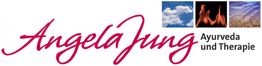 "Logo mit Schriftzug: Angela Jung Ayurveda und Therapie, Wolken, Feuer, Landschaft."