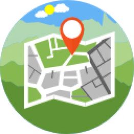 Karte mit rotem Standortmarker, Berglandschaft im Hintergrund, Sonne und Wolke am blauen Himmel.