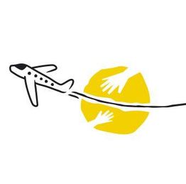 Un avión negro vuela frente a un sol amarillo con dos manos blancas, una arriba y otra abajo.