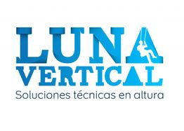 Logo de "Luna Vertical" con una figura colgada. Texto: "Soluciones técnicas en altura".