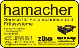 Gelbes Schild mit dem Text: "hamacher – Service für Folienschneide- und Frässysteme" und Kontaktdaten.