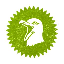 Grüner Adlerkopf in einem gezackten Kreis, der wie ein Emblem aussieht.