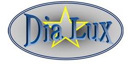 Logo con scritta "Dia Lux" blu e una stella gialla al centro, in un ovale grigio e blu.