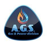 Logo AGS Gas & Power division con fiamma colorata su sfondo scuro.