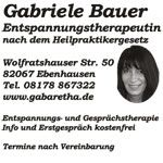Visitenkarte von Gabriele Bauer, Entspannungstherapeutin, mit Kontaktinfos und Foto.
